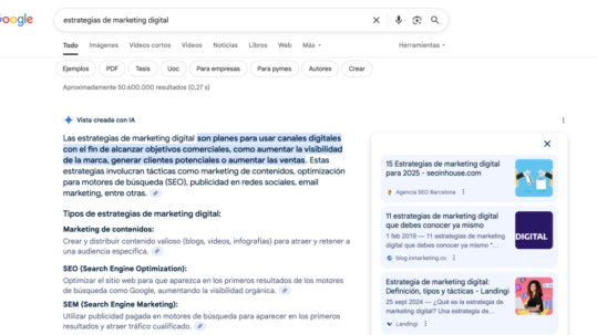 resultado en vista generada con IA de Google